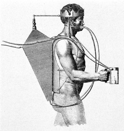 Proyecto de escafandro de Drieberg de 1802, conocido como el tritón. El aire entra directamente en la boca del hombre. de Unknown artist