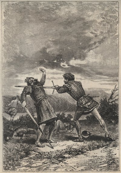 Duelo y muerte de Oak Torquil - ilustración del siglo XIX para la novela histórica 
