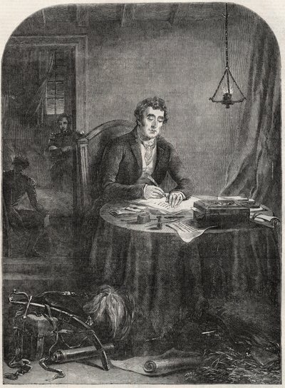 El duque de Wellington (Arthur Wellesley (1769-1852)) escribiendo un despacho después de Waterloo, 19 de junio de 1815 - grabado de 1852 de Unknown artist