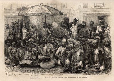 Durbar (consejo feudal y legal de un estado principesco) del Maharajá Rana, del reino de Dholepore (Rajasthan). Grabado para ilustrar la India de los Rajahs, por Louis Rousselet, en 1864-1868, publicado en “Le tour du monde” 1872, editado por Edouard Char de Unknown artist