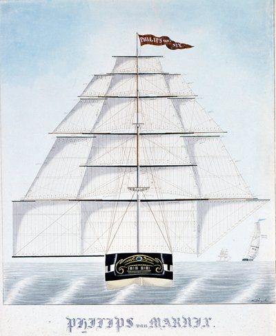 Clipper holandés Philip van Marnix equipa velas adicionales. Ilustración de W. Naujoks. Siglo XIX de Unknown artist