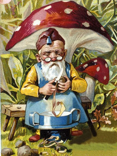Enano o farfadet pelando patatas. Cromolitografía del siglo XIX de Unknown artist