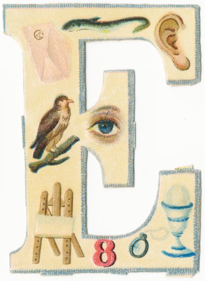 E: sobre, anguila, oreja, águila, ojo, caballete, ocho, monóculo, huevo de Unknown artist