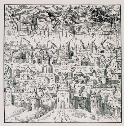 Terremoto en Baden - en “Colección de 39 figuras que representan las calamidades de Francia de 1562 a 1586”; imprenta de Louis Perrin de Unknown artist