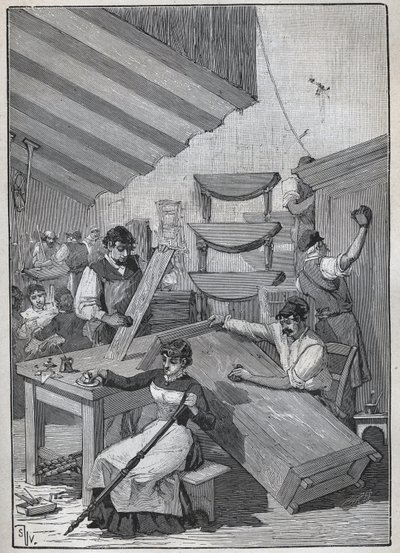 Ebanistería: taller de barnizado con sello. Grabado de 1885 en “Les arts et metiers illustres” de Adolphe Bitard. de Unknown artist