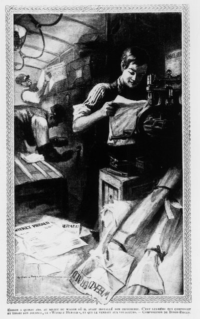 Edison, a los 15 años, en medio del vagón donde solía instalar su imprenta. Escribía e imprimía su periódico, el Weekly Herald, y lo vendía a los viajeros de Unknown artist