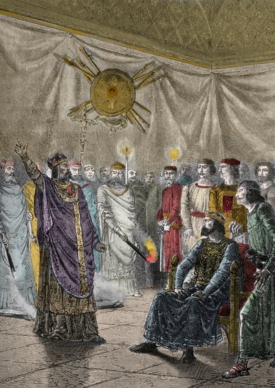 Edmund Rich, Arzobispo de Canterbury, amenaza con excomulgar a Enrique III - San Edmundo de Canterbury (1170-1242), conocido como San Edme (Edmund Rich) amenaza con excomulgar a Enrique III Plantagenet (1207-1272) - Grabado en 