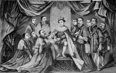 Eduardo VI (1547-1553), Rey de Inglaterra, otorgando un privilegio al firmar una carta a Bridewell - según Hans Holbein. de Unknown artist