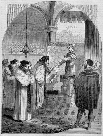 Eduardo VI (1547-1553), Rey de Inglaterra, presentando el certificado de Juana Bocher al Arzobispo Cranmer de Unknown artist