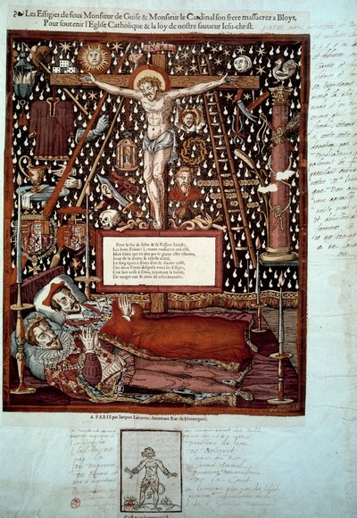 Efigies de Enrique I de Lorena, 3er Duque de Guisa (1550-1588) y de su hermano Luis II de Guisa, cardenal de Lorena (1555-1588) asesinados en Blois el 23 y 24 de diciembre de 1588 por orden de Enrique III. Grabado del siglo XVI. París, B.N. de Unknown artist
