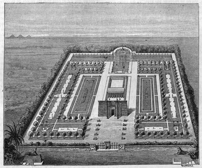 Jardín egipcio en la época de los faraones. Grabado en "La Nature: revue des sciences et de leurs applications aux arts et a l
