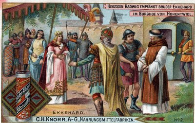 Ekkehard IV de St. Gallen (St. Gallen) o Eckhard, Eckhart (980 -1057) erudito y poeta latino. La duquesa Hadwig recibe al hermano Ekkehard en el patio del castillo de Hohentwiel. Verso: “Hermano Ekkehard, a quien la duquesa encargó a su castillo como... de Unknown artist