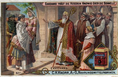 Ekkehard IV de St. Gallen (St. Gallen) o Eckhard, Eckhart (980 -1057) erudito y poeta latino. Ekkehard hace que la duquesa Hadwig cruce el umbral. de Unknown artist