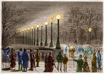 Iluminación eléctrica: lámparas de pie del muelle Victoria en Londres, Gran Bretaña. Grabado en "La Nature" de Unknown artist