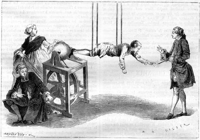 Experiencia de electricidad en el siglo XVIII: un joven abate gira una máquina eléctrica formada por una esfera de azufre. Una mujer presiona su mano sobre la esfera y a través de la fricción desarrolla un fluido. Un joven colgado por cuerdas hace saltar l de Unknown artist