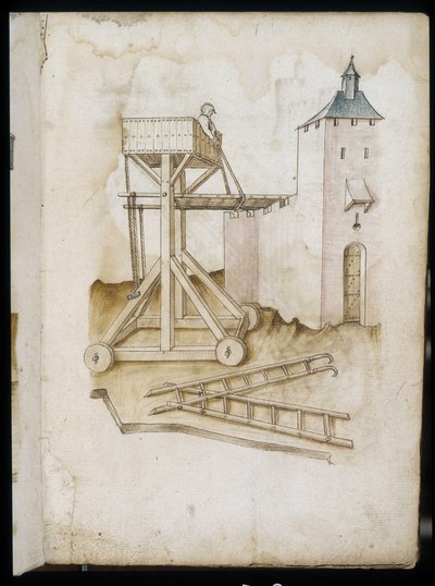 Sistema de elevación y escalas - Manuscrito: hoja de pergamino de un manual de ingeniero para la construcción de edificios civiles, religiosos y militares, anónimo, finales del siglo XV (figura en tinta china) de Unknown artist