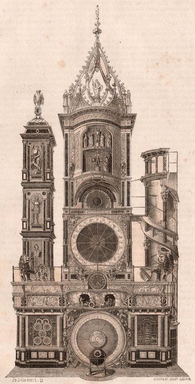 Vista en elevación del reloj astronómico ubicado en la Catedral de Nuestra Señora de Estrasburgo, Francia de Unknown