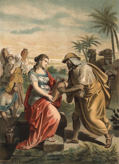 Eliezer, el siervo de Abraham, acaba de encontrar a Rebeca, futura esposa de Isaac. Grabado de 1881 en “El Culto de la Hermosura” de Juan Justo Huguet, Molinas Hermanos editores. de Unknown artist