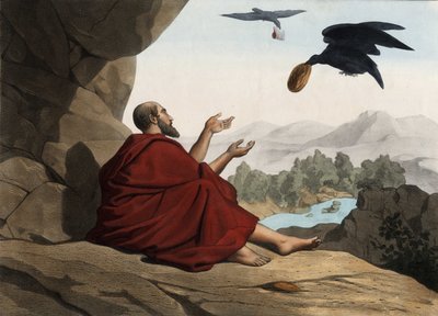 Elías, escondido junto al arroyo de Kerit, es alimentado por los cuervos. Grabado anónimo de mediados del siglo XIX. de Unknown artist
