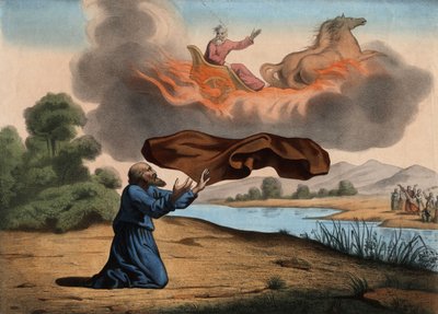 Elías elevado al cielo deja su manto a Eliseo como señal de sucesión. Los dos profetas iban a Jericó cuando Elías fue llevado por un carro de fuego tirado por caballos de fuego, enviado por Dios, en un cielo tormentoso (grabado anónimo de mediados del sigl de Unknown artist