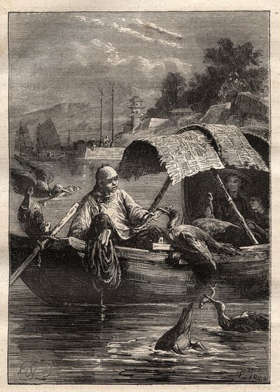 Embajada de Lord George McCartney (1737-1806) en China (1792-1793): El pájaro Leut-ze, utilizado para la pesca (pesca con cormorán) - ilustración de “Los Grandes Navegantes del siglo XVIII” de Unknown artist