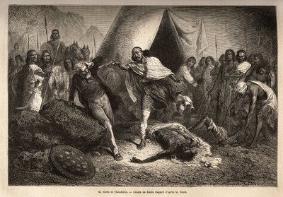Emperador (o negus) Theodoros II (Tewodros) (nacido alrededor de 1818-1868, llamado Kassa Hailu antes de su coronación en el Imperio Etíope), amenazó con su arma al Sr. Stern, un misionero inglés que redactó una biografía del negus, por la cual Theodoros s de Unknown artist