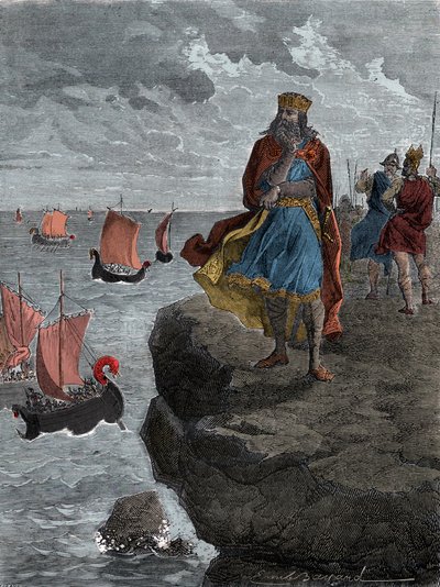 Emperador Carlomagno (Carlo Magno) observando la llegada de los barcos normandos - El Rey Carlomagno (742/747-814), Rey de los Francos, observa los barcos llenos de invasores nórdicos de Unknown artist