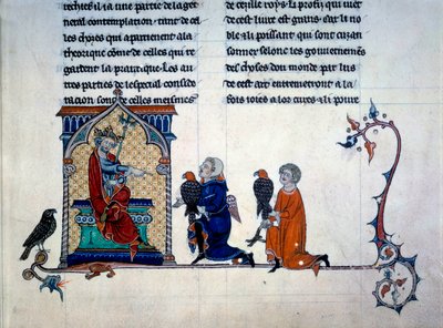 Emperador Federico II (1194-1250) recibiendo cetreros miniatura de "De arte venandi Cum avibus" de Unknown artist