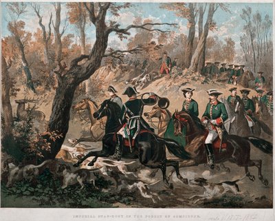 Emperador Napoleón III (1808-1873) y su esposa Eugenia de Montijo (1826-1920) caminando por el bosque de Compiègne. Litografía en color alrededor de 1855. Milán, Museo del Risorgimento de Unknown artist