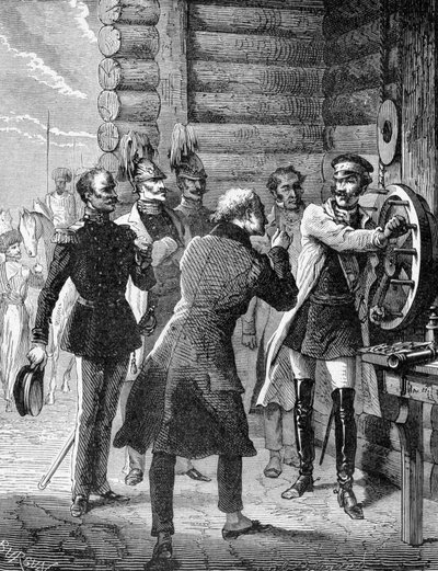 El emperador Nicolás I realizó la primera prueba de la línea de telégrafo de San Petersburgo a Varsovia en 1838. Grabado del siglo XIX de Unknown artist