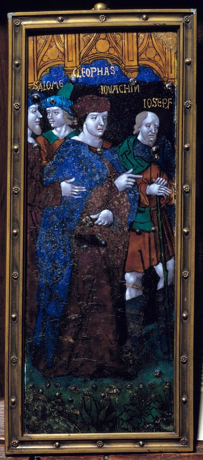 Placa de esmalte que representa a los personajes bíblicos de Salomé, Cleofás, Joaquín y José de Unknown artist