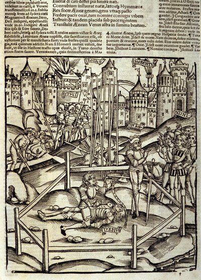 Eneida de Virgilio (70 a.C.-19 a.C.), Libro XII, el héroe troyano Eneas mata a Turno en una batalla bajo la mirada de los latinos y rútulos. Xilografía de Sebastian Brant (1458-1521). Estrasburgo. de Unknown artist