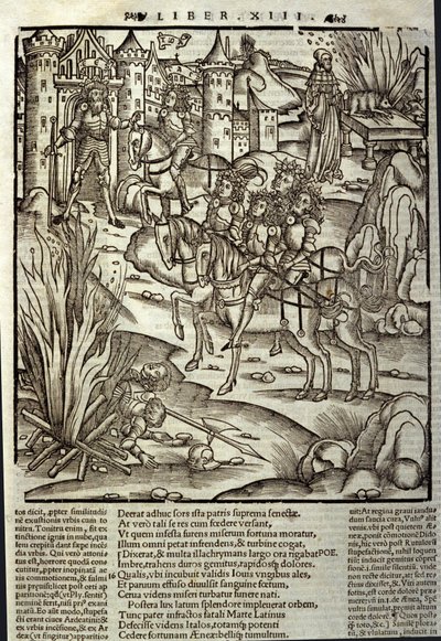 Eneida de Virgilio (70 a.C.-19 a.C.), libro XIII (suplemento), los héroes troyanos Eneas reciben a los latinos, se hacen sacrificios en honor a las víctimas de la guerra. Xilografía de Sebastian Brant (1458-1521). Estrasburgo de Unknown artist