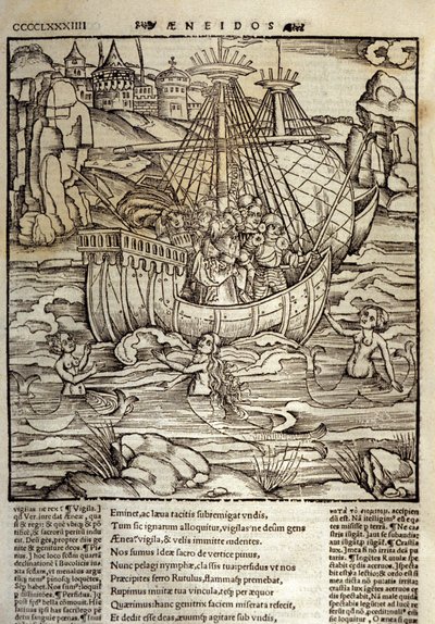 Eneida de Virgilio, los héroes troyanos Eneas y sus compañeros cruzan un mar lleno de sirenas de Unknown artist