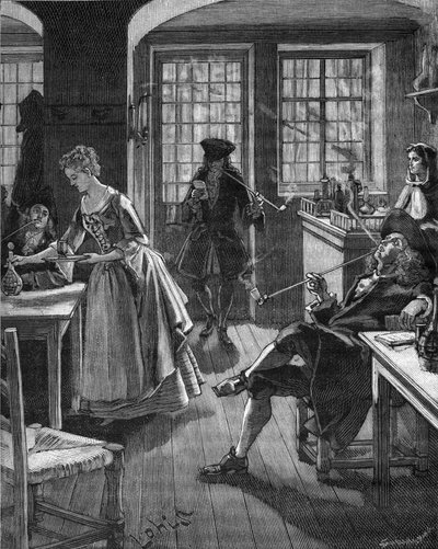 Inglaterra, finales del siglo XVII: hombres fumando en un café. Grabado del siglo XIX. En “Histoire de France” por Jules Michelet de Unknown artist