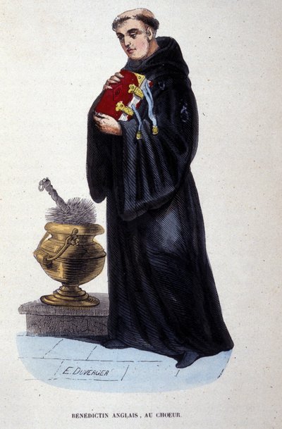 Benedictino inglés. Grabado de un álbum sobre órdenes religiosas, París de Unknown artist
