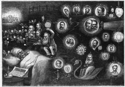 Caricatura eléctrica inglesa. - El sueño de una compañía de gas. Sir HENRY CHATLEY TYLER, promotor británico del sistema Brush. - 2. GEORGES OFFOR, Ingeniero Jefe de South Eastern Brush Electric Co. - 3. ROBERT HAMMOND, promotor de Hammond Electric Light a de Unknown artist