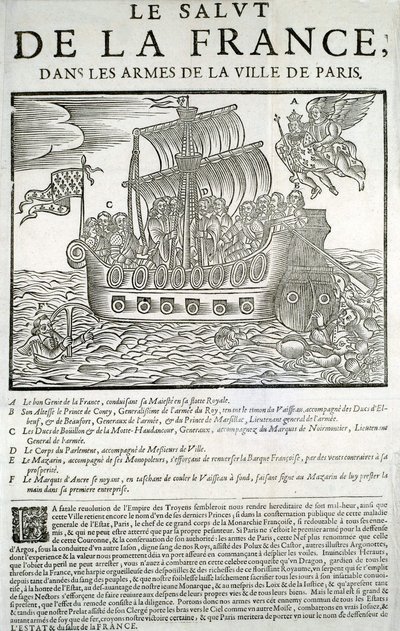 Grabado en madera. Panfleto político Mazarinade: “La salvación de Francia, en los brazos de la Ciudad de París” A - El buen genio de Francia, consumiendo su majestad (Luis XIII) en su flota real, B - Príncipe de Conty, C - Duque de Bouillon y de la Motte-H de Unknown artist
