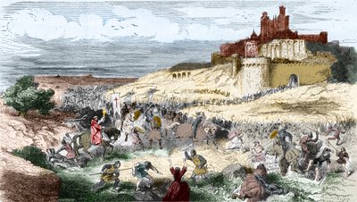 Grabado: Cruzada contra los cátaros - Albigenses - Captura de Béziers el 21 de julio de 1209 por Simón de Montfort (Simón IV, Conde de Montfort) los 7000 habitantes son masacrados y la ciudad saqueada y quemada - Grabado en "Histoire De France En Cent Tabl de Unknown artist