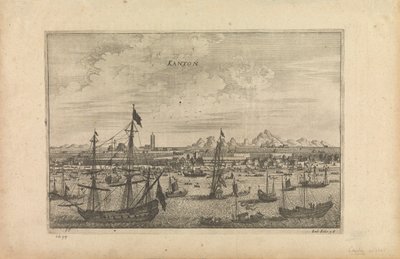 Grabado titulado "Kanton 1655" que es la impresión del artista de Cantón desde un barco en 1655. de Unknown artist