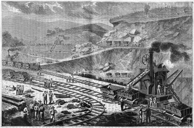 Grabado de 1885 que muestra el trabajo de perforación del Istmo de Panamá. Vista de uno de los ataques en el astillero de Emperador de Unknown artist