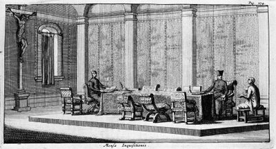 Grabado que representa un interrogatorio en el Tribunal de la Inquisición. Siglo XVII de Unknown artist