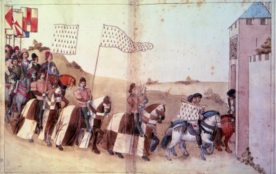 Entrada del cortejo, llevando el yelmo y el estandarte del Duque de Bretaña, en el claustro. Manuscrito “Trata la forma y citas como hacemos los torneos” (Folio 46V-47) por René de Anjou de Unknown artist