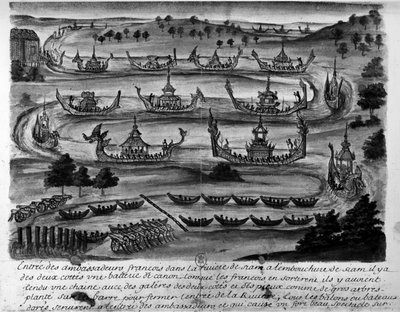 Entrada de los embajadores franceses en el río Siam - en "Viajes del reino de Siam, históricos de 1688". de Unknown artist