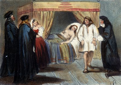 Episodio de la prueba de hombría de Vicente I Gonzaga (1562 - 1612), Duque de Mantua, para su matrimonio con la hija de Francisco de Medici, Eleonora en 1584. Se sospechaba que no tendría herederos. Litografía del siglo XIX. de Unknown artist