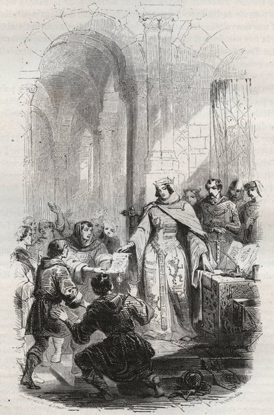 Ermesinde, Condesa de Luxemburgo - Carta de franquicia otorgada por Ermesinde I de Luxemburgo a los habitantes de Luxemburgo en 1243 - Grabado de 1868 en “Historia de Bélgica desde los tiempos primitivos hasta el final de Leopoldo I” por Theodore Juste de Unknown artist
