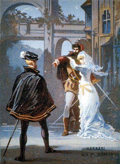 Ernani de Giuseppe Verdi, Acto II, Escena II. Cromolitografía del siglo XIX de Unknown artist