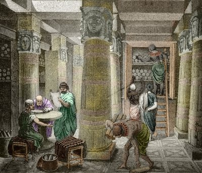 Eruditos en la biblioteca de Alejandría, destruida en 642, Egipto) (Vista de la biblioteca de Alejandría, Egipto) siglo XIX (grabado) de Unknown artist