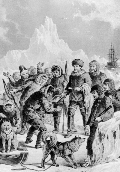 Esquimales descubriendo un espejo traído por expedicionarios - Expedición Ártica desde las costas británicas y extranjeras desde las primeras hasta las expediciones de 1875 de Unknown artist