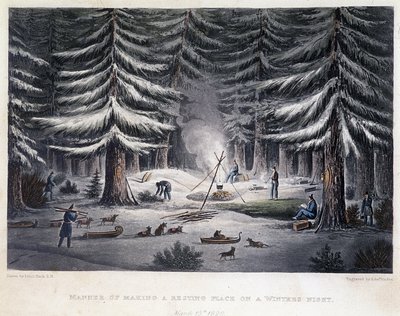 Establecimiento de un campamento durante una noche de invierno - en 